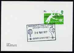 Postmark - Great Britain 1977 card bearing illustrated cancellation for 34th World Table Tennis Championships, stamps on sport, stamps on table tennis