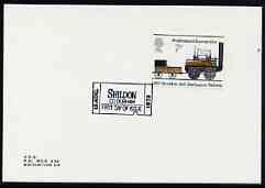 Postmark - Great Britain 1975 card bearing illustrated cancellation representing a Shildon Train Ticket, stamps on railways