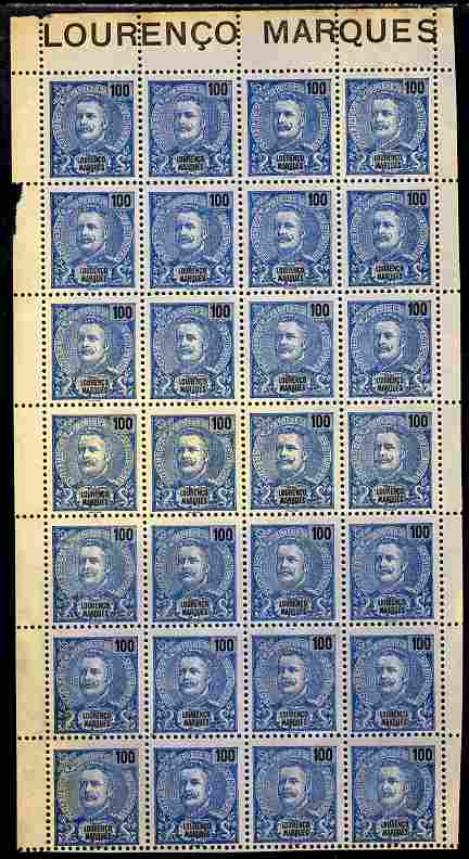 Lourenco Marques 1898-1901 King Carlos 100r blue & black on blue complete folded sheet of 28 without gum but scarce thus, as SG 46, stamps on 
