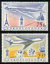 Czechoslovakia 1957 Opening of Czechoslovak Airlines perf set of 2 unmounted mint, SG 1000-1001, stamps on , stamps on  stamps on aviation, stamps on  stamps on yupolev, stamps on  stamps on 