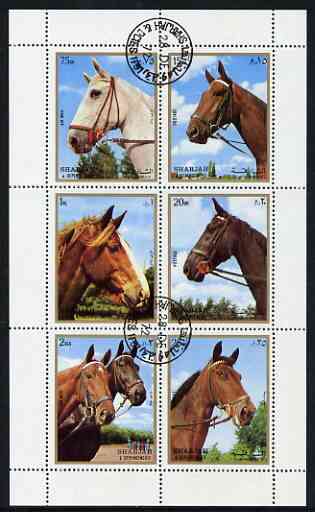 Sharjah 1972 Horses perf sheetlet containing 6 values fine cto used, stamps on , stamps on  stamps on horses