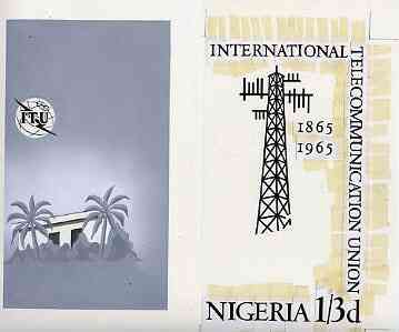 Nigeria 1965 ITU Centenary - original hand-painted artwork for 1s3d value (Microwave Aerial probably by H N G Cowham) on two sheets of card 105 x 185 mm, a) background & b) text with aerial, similar to issued stamp except trees are not in green, stamps on , stamps on  stamps on , stamps on  stamps on  itu , stamps on  stamps on communications