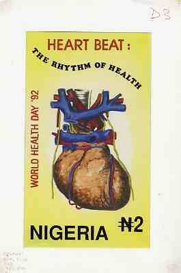 Nigeria 1992 World Health Day (Heart) - original hand-painted artwork for N2 value (The Rhythm of Health) by Mrs A Adeyeye on board 130 x 224 mm endorsed D3, stamps on , stamps on  stamps on medical, stamps on  stamps on heart, stamps on  stamps on blood