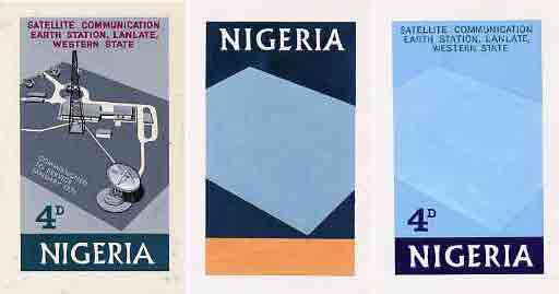 Nigeria 1971 Opening of Earth Satellite Station - set of 3 original hand-painted artworks by unknown artist for 4d value with colour guides for 1s & 2s values, each on card 97 x 164 mm, stamps on , stamps on  stamps on radio, stamps on  stamps on satellites, stamps on  stamps on communications
