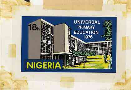 Nigeria 1976 Universal Primary Education - original hand-painted artwork for 18k value showing children entering school by Austin Ogo Onwudimegwu on card size 180 x 105mm, stamps on , stamps on  stamps on education