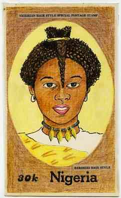 Nigeria 1987 Womens Hairstyles - original hand-painted artwork for 30k value (Beriberi Hair style) by Francis Nwaije Isibor on card 130 x 220 mm endorsed D3 on reverse, stamps on fashion, stamps on women, stamps on hair