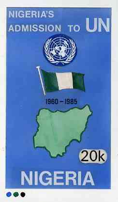 Nigeria 1985 40th Anniversary of United Nations - original hand-painted artwork for 20k value showing UN Emblem, Map & Flag by NSP&MCo Staff Artist Hilda T Woods on card size 130 x 220 mm endorsed A6, stamps on , stamps on  stamps on united nations, stamps on  stamps on maps, stamps on  stamps on flags