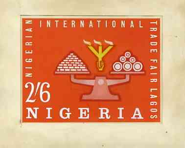 Nigeria 1962 International Trade Fair - original hand-painted artwork for 2s6d value showing scales, possibly by R Hegeman on board 135 x 103 mm, stamps on , stamps on  stamps on business