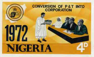 Nigeria 1972 Posts & Telecommunications Corporation - original hand-painted artwork for 4d value showing corporate presentation by NSP&MCo Staff Artist Samuel A M Eluare ..., stamps on postal, stamps on communications