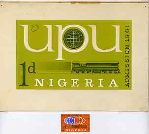 Nigeria 1961 Admission into UPU superb piece of original artwork for 1d value probably by M Goaman, similar concept as issued stamp, size 6.5x4 plus stamp-size black & wh..., stamps on , stamps on  upu , stamps on 