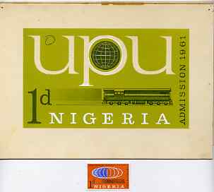 Nigeria 1961 Admission into UPU superb piece of original artwork for 1d value probably by M Goaman, similar concept as issued stamp, size 6.5x4 plus stamp-size black & white photographic reproduction, stamps on , stamps on  stamps on , stamps on  stamps on  upu , stamps on  stamps on 