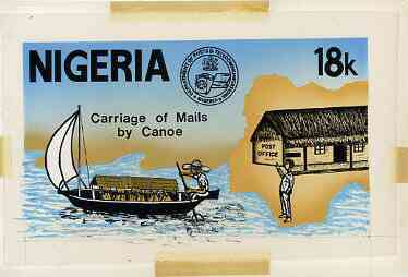 Nigeria 1972 Posts & Telecommunications Corporation - original hand-painted artwork for 18k value showing carriage of Mails by Canoe by NSP&MCo Staff Artist Samuel A M Eluare on card 220 x 130 mm, stamps on , stamps on  stamps on postal, stamps on  stamps on communications, stamps on  stamps on canoes
