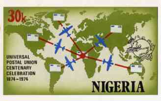 Nigeria 1974 Centenary of UPU - original artwork for 30k value showing Air mail routes  by NSP&MCo Staff Artist Samuel A M Eluare on card 223 x 128 mm, stamps on upu, stamps on maps, stamps on  upu , stamps on 