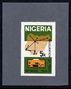 Nigeria 1975 Telex - imperf machine proof of 5k value (as issued stamp) mounted on small piece of grey card believed to be as submitted for final approval, stamps on communications, stamps on science
