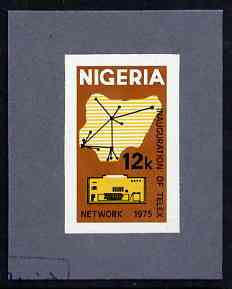 Nigeria 1975 Telex - imperf machine proof of 12k value (as issued stamp) mounted on small piece of grey card believed to be as submitted for final approval, stamps on communications, stamps on science