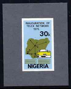 Nigeria 1975 Telex - imperf machine proof of 30k value (as issued stamp) mounted on small piece of grey card believed to be as submitted for final approval, stamps on , stamps on  stamps on communications, stamps on  stamps on science
