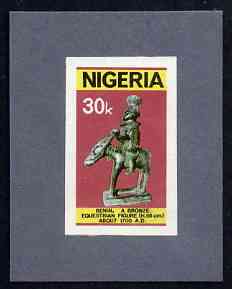 Nigeria 1978 Antiquities - imperf machine proof of 30k value (as issued stamp) mounted on small piece of grey card believed to be as submitted for final approval, stamps on antiques, stamps on horses