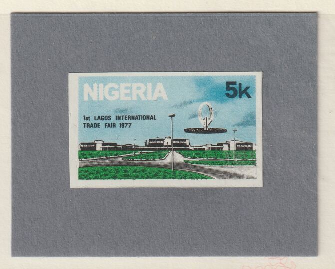 Nigeria 1977 Int Trade Fair - imperf machine proof of 5k value (as issued stamp) mounted on small piece of grey card believed to be as submitted for final approval, stamps on , stamps on  stamps on 