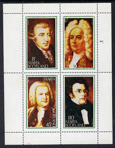 Staffa 1980 Composers (Haydn, Handel, Schubert & Bach) perf set of 4 values (8p to 80p) unmounted mint, stamps on , stamps on  stamps on music  personalities     composers, stamps on  stamps on opera, stamps on  stamps on bach