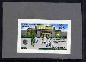 Nigeria 1983 Commonwealth Day - imperf machine proof of 25k value (as issued stamp) mounted on small piece of grey card believed to be as submitted for final approval, stamps on buildings, stamps on 