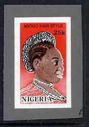 Nigeria 1987 Women's Hairstyles - imperf machine proof of 25k value (as issued stamp) mounted on small piece of grey card believed to be as submitted for final approval, stamps on , stamps on  stamps on fashion, stamps on  stamps on women, stamps on  stamps on hair