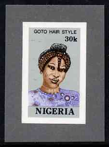 Nigeria 1987 Women's Hairstyles - imperf machine proof of 30k value (as issued stamp) mounted on small piece of grey card believed to be as submitted for final approval, stamps on , stamps on  stamps on fashion, stamps on  stamps on women, stamps on  stamps on hair