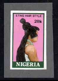 Nigeria 1987 Womens Hairstyles - imperf machine proof of 20k value (as issued stamp) mounted on small piece of grey card believed to be as submitted for final approval, stamps on fashion, stamps on women, stamps on hair