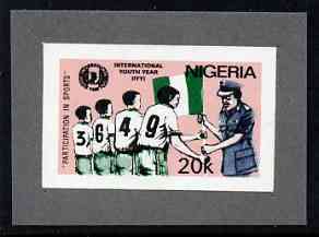 Nigeria 1985 International Youth Year - imperf machine proof of 20k value (as issued stamp) mounted on small piece of grey card believed to be as submitted for final appr..., stamps on youth, stamps on sport