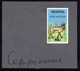 Nigeria 1990 Wildlife - Roan Antelope 30k - imperf machine proof (as issued stamp) mounted on small piece of card endorsed Approved, stamps on animals, stamps on antelope
