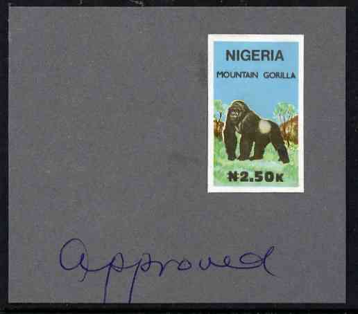 Nigeria 1990 Wildlife - Gorilla N2.50 - imperf machine proof (as issued stamp) mounted on small piece of card endorsed 'Approved', stamps on , stamps on  stamps on animals, stamps on  stamps on apes