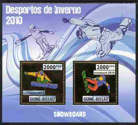 Guinea - Bissau 2010 Winter Olympic Sports - Snow boarding perf sheetlet containing 2 values in gold unmounted mint, stamps on , stamps on  stamps on olympics, stamps on  stamps on sport, stamps on  stamps on snowboard