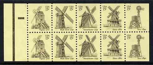 United States 1980 Windmills booklet pane of 10 containing 2 complete sets of 5 unmounted mint, SG 1786a, stamps on windmills