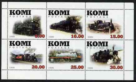 Komi Republic 1999 Steam Locos #2 perf sheetlet containing complete set of 6 values unmounted mint, stamps on , stamps on  stamps on railways