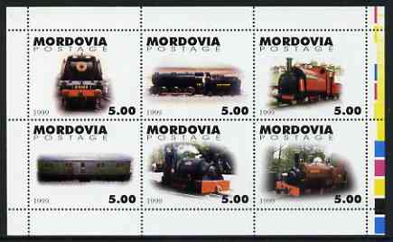 Mordovia Republic 1999 Steam Locos #1 perf sheetlet containing complete set of 6 values unmounted mint, stamps on , stamps on  stamps on railways