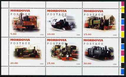 Mordovia Republic 1999 Steam Locos #2 (Narrow Gauge) perf sheetlet containing complete set of 6 values unmounted mint, stamps on , stamps on  stamps on railways