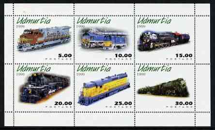 Udmurtia Republic 1999 Diesel & Steam Locos perf sheetlet containing complete set of 6 values unmounted mint, stamps on railways