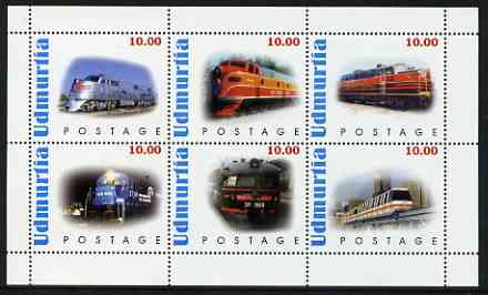 Udmurtia Republic 1999 Modern Locos perf sheetlet containing complete set of 6 values unmounted mint, stamps on railways