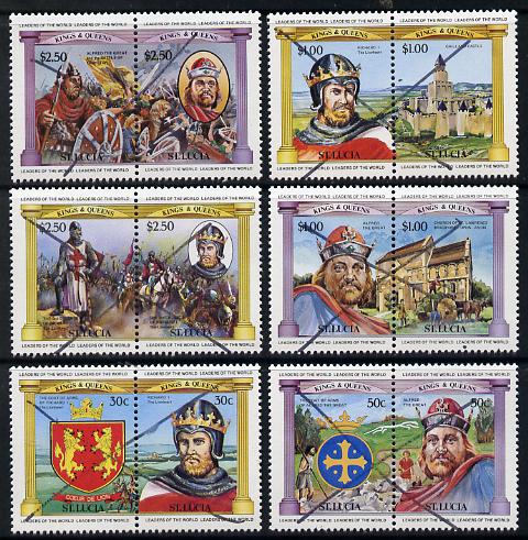 St Lucia 1984 Monarchs (Leaders of the World) the unissued set of 12 (6 se-tenant pairs of Alfred & Richard I) each crossed through (ex archives) unmounted mint, stamps on royalty    battles    castles