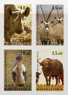 Karakalpakia Republic 1996 Animals #1 imperf sheetlet containing 4 values unmounted mint, stamps on , stamps on  stamps on animals, stamps on  stamps on rhino, stamps on  stamps on bovine, stamps on  stamps on oryx, stamps on  stamps on stork, stamps on  stamps on buffalo