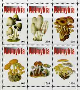 Kalmikia Republic 1998 Fungi #2 perf sheetlet containing complete set of 6 values unmounted mint, stamps on , stamps on  stamps on fungi