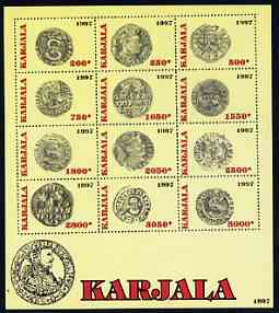 Karjala Republic 1997 Early Coins perf sheetlet containing complete set of 12 values unmounted mint, stamps on , stamps on  stamps on coins