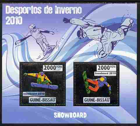 Guinea - Bissau 2010 Winter Olympic Sports - Snow boarding perf sheetlet containing 2 values in silver unmounted mint, stamps on olympics, stamps on sport, stamps on snowboard