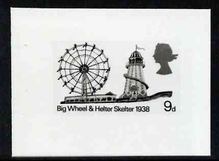 Great Britain 1983 British Fairs stamp-sized black & white photographic essay of Big Wheel & Helter Skelter denominated 9d by Andrew Restall, stamps on circus