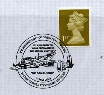 Postmark - Great Britain 2003 cover for 60th Anniversary of Operation 'Chastise' with illustrated cancel showing Lancaster Bomber insc 'VC Awarded to Wg Cdr G Gibson DSO DFC - The Dam Busters', stamps on , stamps on  stamps on , stamps on  stamps on  ww2 , stamps on  stamps on , stamps on  stamps on dams, stamps on  stamps on victoria cross, stamps on  stamps on medals, stamps on  stamps on aviation, stamps on  stamps on lancasters