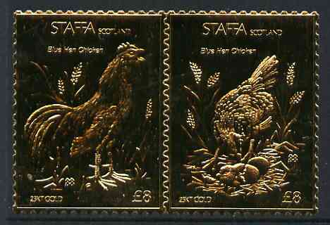 Staffa 1976 Blue Hen Chicken (Male & Female) \A38 + \A38 se-tenant pair perforated & embossed in 23 carat gold foil unmounted mint, stamps on birds, stamps on chicken
