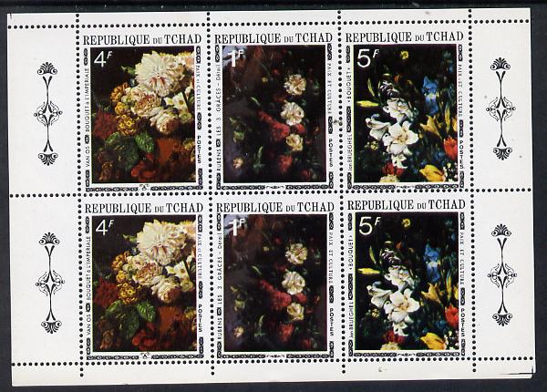 Chad 1971 Paintings of Flowers sheetlet of 6 containing 2 se-tenant strips of 3 (2 sets) unmounted mint, stamps on , stamps on  stamps on arts, stamps on  stamps on flowers, stamps on  stamps on rubens, stamps on  stamps on brueghel, stamps on  stamps on iris