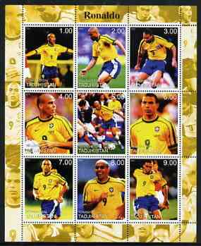 Tadjikistan 2000 Ronaldo perf sheetlet containing 9 values unmounted mint, stamps on , stamps on  stamps on personalities, stamps on  stamps on football, stamps on  stamps on sport