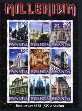 Rwanda 1999 Millennium - Architecture of 11th to 19th Centuries perf sheetlet containing 9 values unmounted mint, stamps on millennium, stamps on architecture, stamps on buildings, stamps on cathedrals