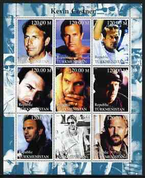 Turkmenistan 2000 Kevin Costner perf sheetlet containing 9 values unmounted mint, stamps on , stamps on  stamps on films, stamps on  stamps on cinema, stamps on  stamps on personalities, stamps on  stamps on entertainments, stamps on  stamps on movies