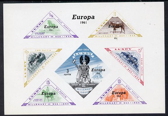 Lundy 1961 Europa opt on Horses imperf m/sheet (Horses & Viking) containing (triangular) set of 7 unmounted mint, stamps on , stamps on  stamps on animals, stamps on  stamps on europa, stamps on  stamps on horses, stamps on  stamps on triangulars, stamps on  stamps on vikings